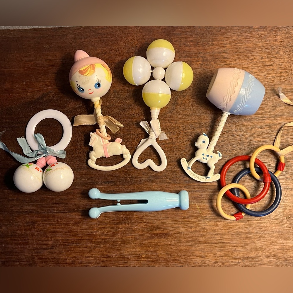 Vintage 6 Baby Rattles Toys 1950’s/60’s Plastic Bundle